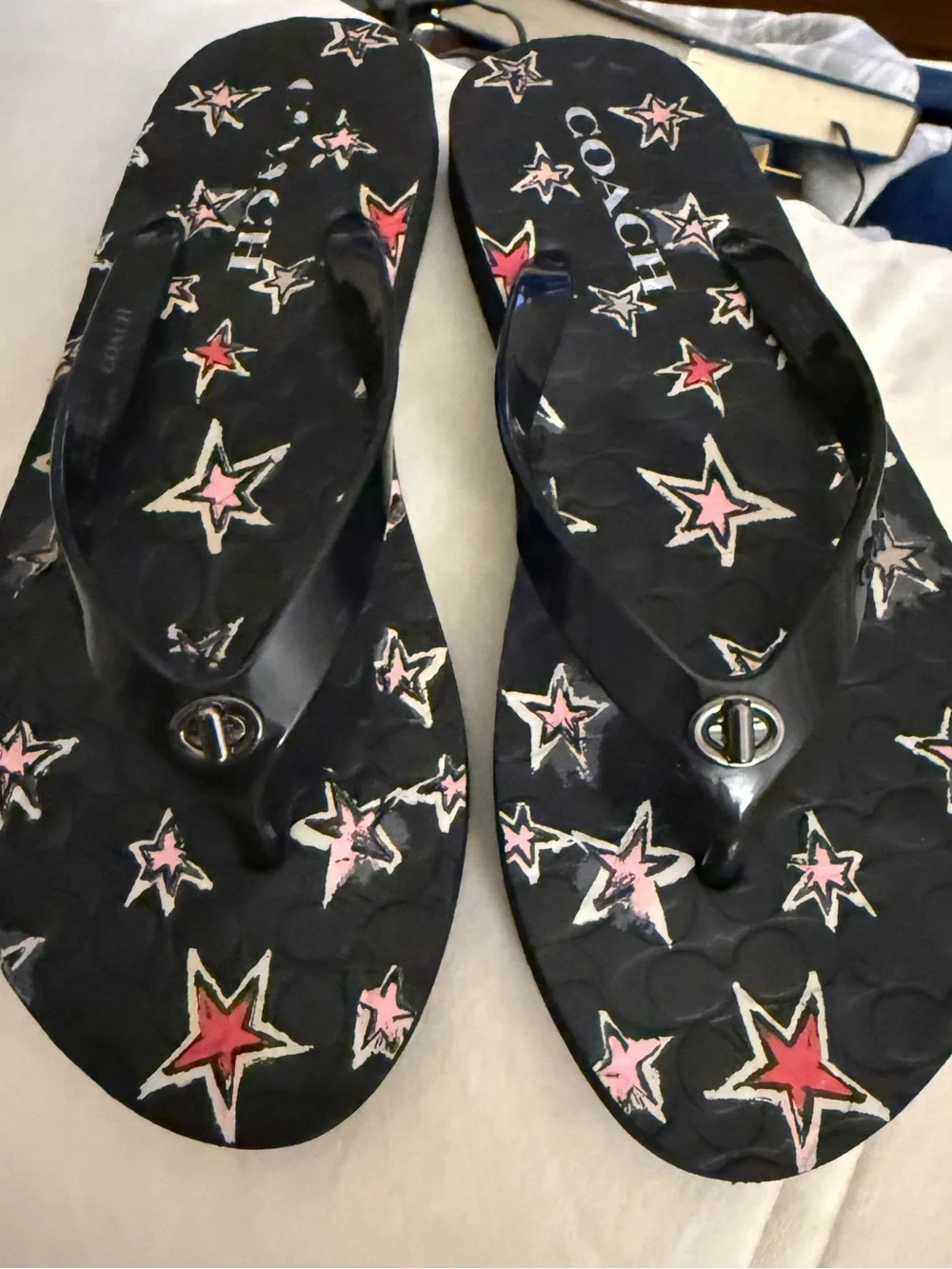 COACH Black Flip Flops with Pink & Red Star Print